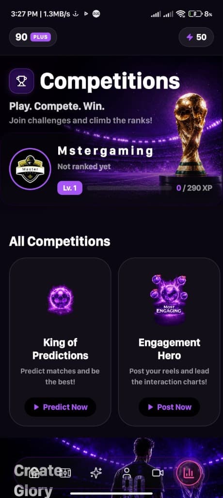 90Plus competitions screen with predictions and engagement challenges