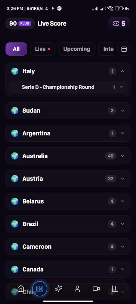 90Plus live score screen with match filters and league listings